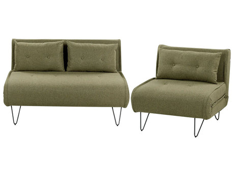 Living Room Set Olive Green Fabric Single and 2 Seater Sofa Bed with Cushions Metal Hairpin Legs Glamour Beliani