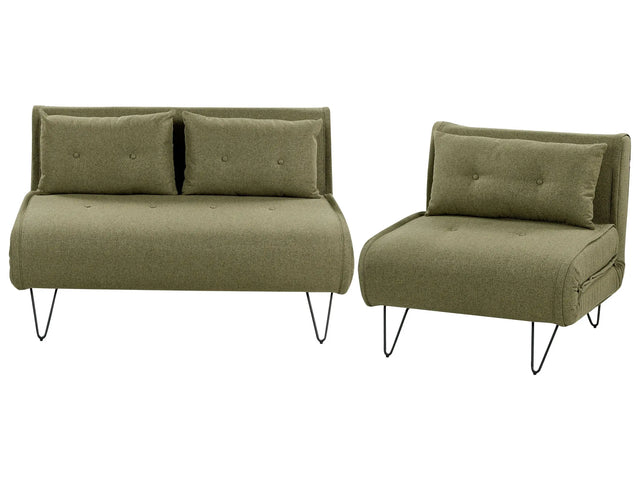 Living Room Set Olive Green Fabric Single and 2 Seater Sofa Bed with Cushions Metal Hairpin Legs Glamour Beliani