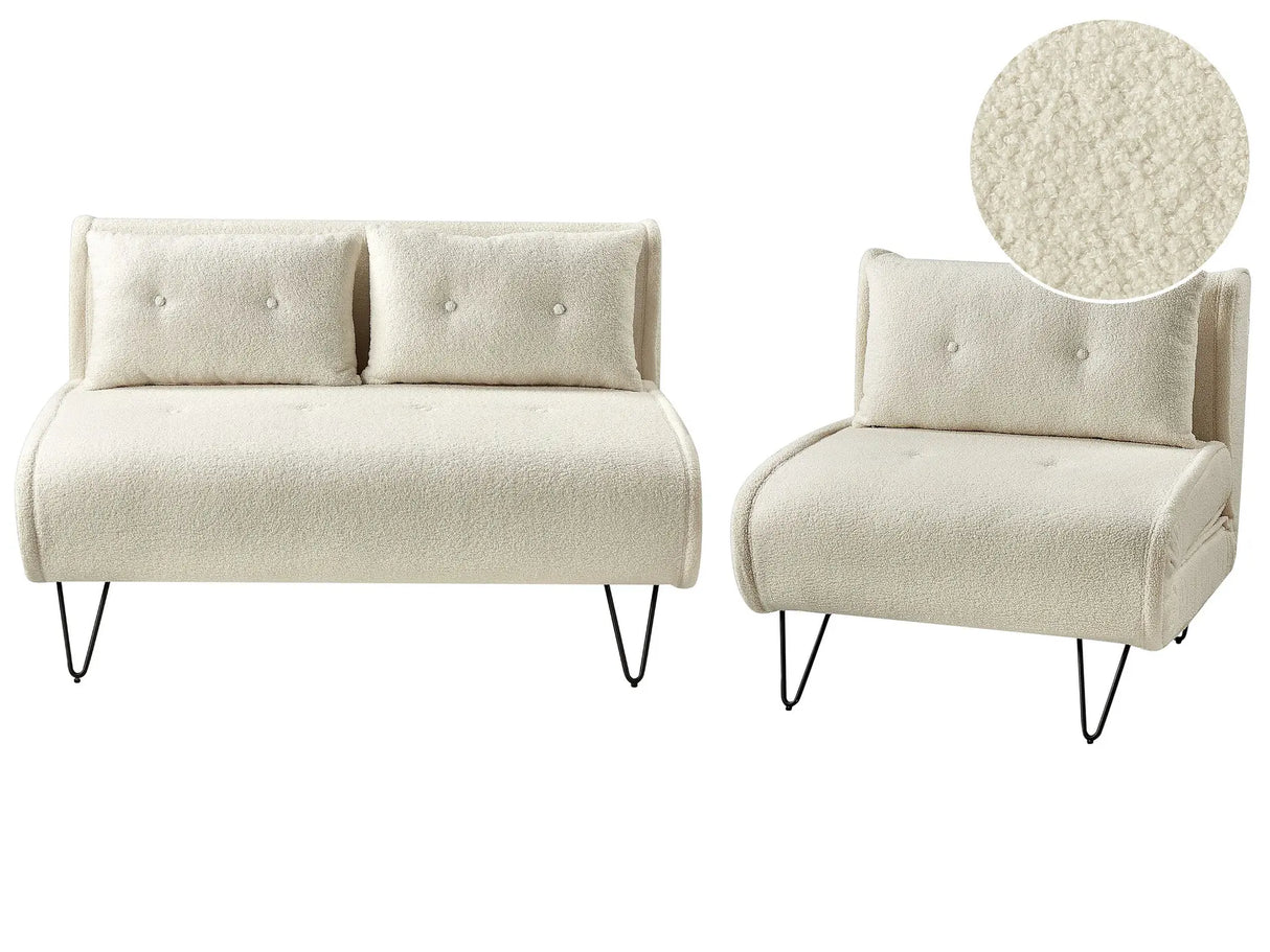 Living Room Set Light Beige Boucle Single and 2 Seater Sofa Bed with Cushions Metal Hairpin Legs Glamour Beliani