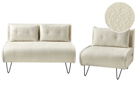 Living Room Set Light Beige Boucle Single and 2 Seater Sofa Bed with Cushions Metal Hairpin Legs Glamour Beliani