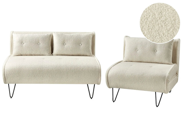 Living Room Set Light Beige Boucle Single and 2 Seater Sofa Bed with Cushions Metal Hairpin Legs Glamour Beliani