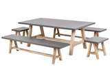 Outdoor Dining Set Grey Fibre Cement Light Acacia Wood 8 People Table 2 Benches 2 Stools Industrial Design Beliani
