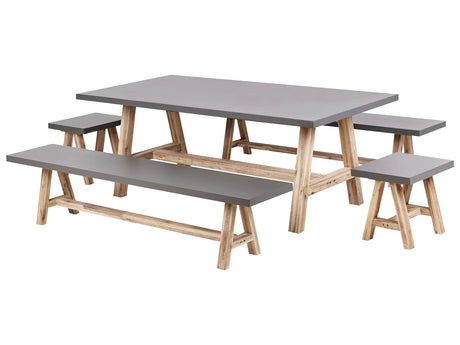 Outdoor Dining Set Grey Fibre Cement Light Acacia Wood 8 People Table 2 Benches 2 Stools Industrial Design Beliani