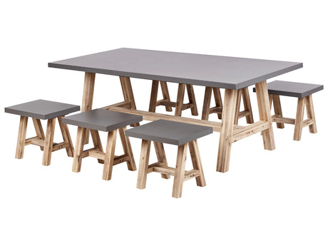Outdoor Dining Set Grey Fibre Cement Light Acacia Wood 6 People Table 6 Stools Industrial Design Beliani