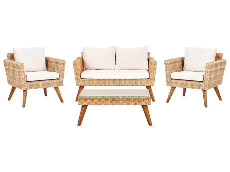 Patio Set Off-White Rattan 2 Seater 2 Chairs Grey Cushions Outdoor Country Beliani