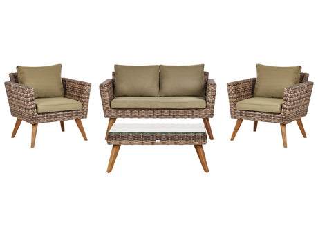 Patio Set Olive Green Rattan 2 Seater 2 Chairs Grey Cushions Outdoor Country Beliani