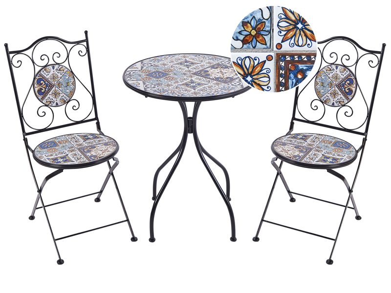 Outdoor Garden Bistro Set Black Metal Iron Frame Mosaic Tiles Pattern Table Chairs Vintage Style Outdoor Beliani