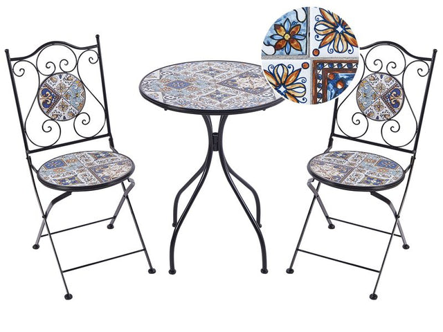 Outdoor Garden Bistro Set Black Metal Iron Frame Mosaic Tiles Pattern Table Chairs Vintage Style Outdoor Beliani