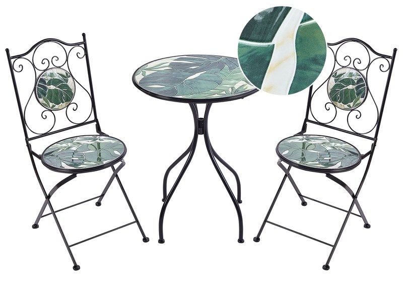 Outdoor Garden Bistro Set Black Metal Iron Frame Green Mosaic Tiles Pattern Table Chairs Vintage Style Outdoor Beliani