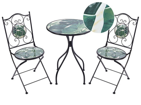 Outdoor Garden Bistro Set Black Metal Iron Frame Green Mosaic Tiles Pattern Table Chairs Vintage Style Outdoor Beliani