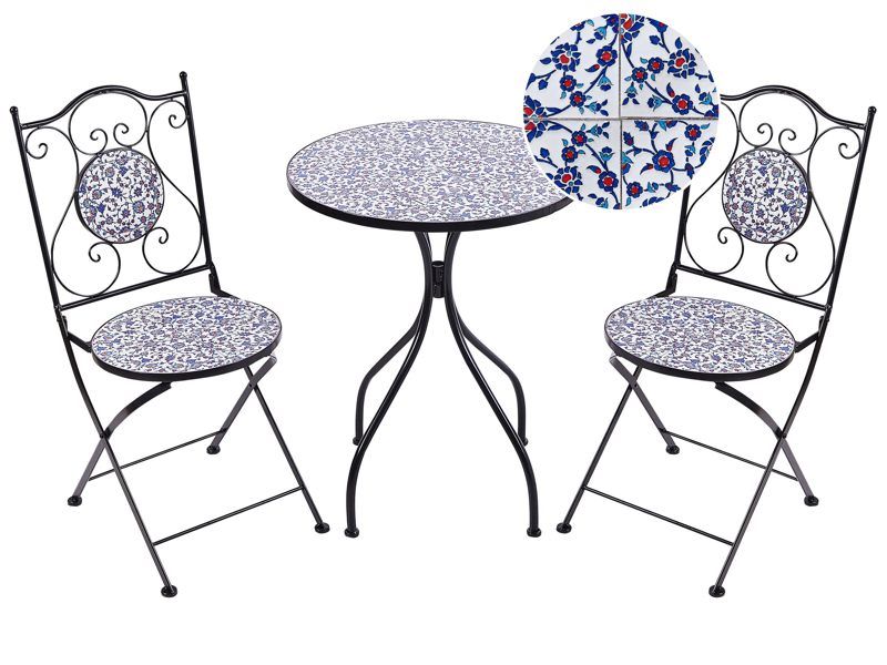 Outdoor Garden Bistro Set Black Metal Iron Frame Blue Mosaic Tiles Pattern Table Chairs Vintage Style Outdoor Beliani