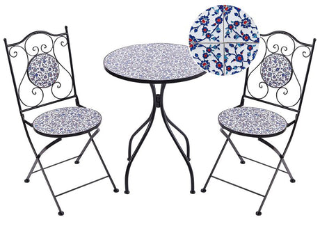 Outdoor Garden Bistro Set Black Metal Iron Frame Blue Mosaic Tiles Pattern Table Chairs Vintage Style Outdoor Beliani