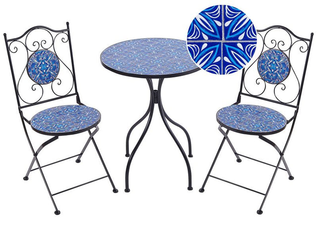 Outdoor Garden Bistro Set Black Metal Iron Frame Blue Mosaic Tiles Pattern Table Chairs Vintage Style Outdoor Beliani