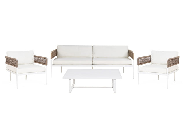 Garden Sofa Set White Aluminium Polyester 4 Seater Sofa 2 Chairs and a Table Beliani