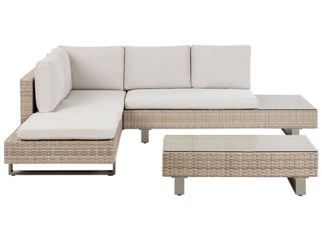 Corner Sofa Garden Set Off-White Cushions Beige Faux Rattan 5 Seater with Coffee Table Beliani