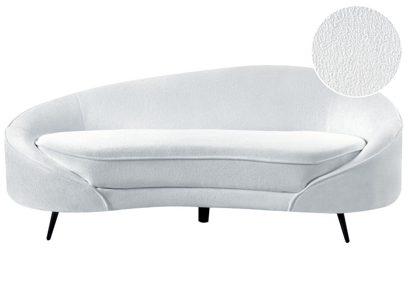 Sofa White Boucle Fabric Glamour Curved Retro Styled 3 Seater with Black Metallic Legs Beliani