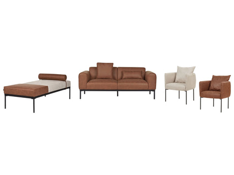 Living Room Set Light Beige and Brown Faux Linen and Faux Leather Sofa Chaise Lounge 2 Armchairs Black Legs Stylish Beliani