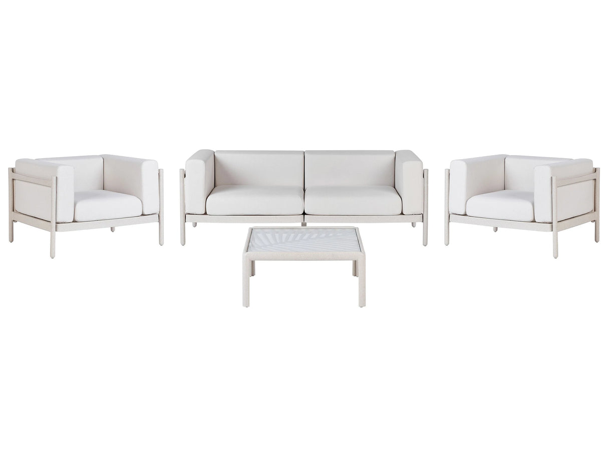 4 Seater Garden Sofa Set Light Beige Synthetic Frame Outdoor Coffee Table Armchairs 2 Seater Sofa with Cushions Modern Style Beliani