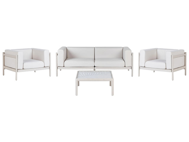 4 Seater Garden Sofa Set Light Beige Synthetic Frame Outdoor Coffee Table Armchairs 2 Seater Sofa with Cushions Modern Style Beliani