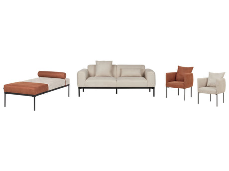 Living Room Set Light Beige and Golden Brown Faux Linen Sofa Chaise Lounge 2 Armchairs Black Legs Stylish Beliani
