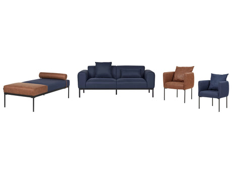 Living Room Set Dark Blue and Brown Faux Linen and Faux Leather Sofa Chaise Lounge 2 Armchairs Black Legs Stylish Beliani
