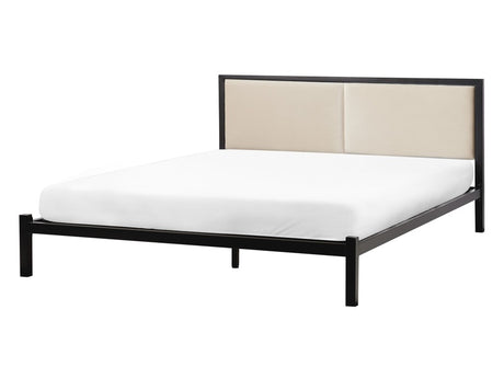 EU Double Size Bed Frame Black Metal Light Beige Fabric Headboard 4ft6 Upholstered Slatted Base Minimalist Beliani