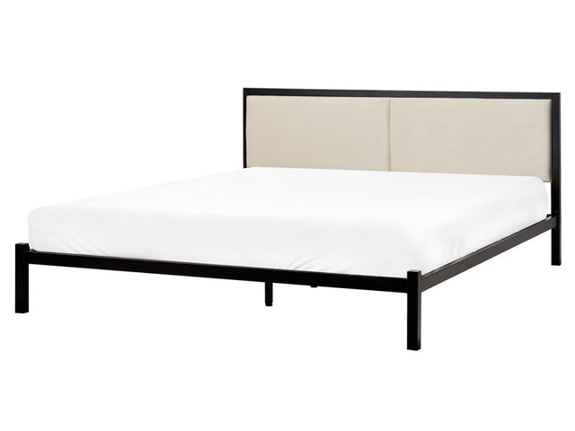 EU King Size Bed Frame Black Metal Upholstered Light Beige Headboard 5ft3 Slatted Base Minimalist Beliani