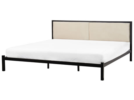 EU Super King Size Bed Frame Black Metal Light Beige Fabric Headboard 6ft Upholstered Slatted Base Minimalist Beliani