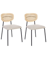 Set of 2 Dining Chairs Light Beige Polyester Upholstery Natural Rattan Viennese Braid Backrest Black Metal Legs Armless Stools Beliani