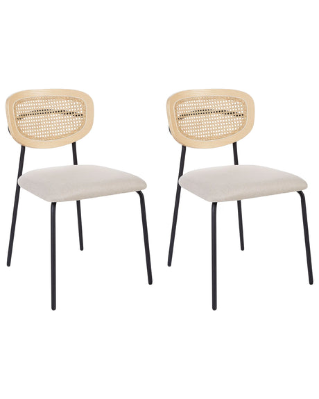 Set of 2 Dining Chairs Light Beige Polyester Upholstery Natural Rattan Viennese Braid Backrest Black Metal Legs Armless Stools Beliani
