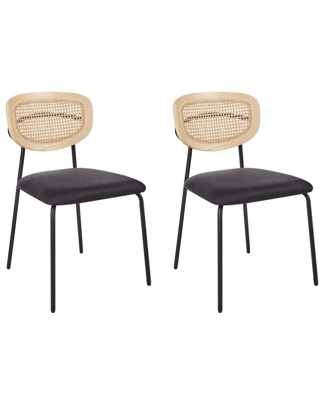 Set of 2 Dining Chairs Black Polyester Upholstery Natural Rattan Viennese Braid Backrest Black Metal Legs Armless Stools Beliani