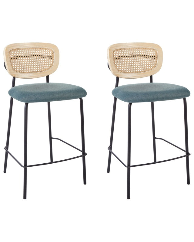 Set of 2 Bar Chairs Blue Polyester Upholstery Natural Rattan Viennese Braid Backrest Black Metal Legs Armless Stools Beliani