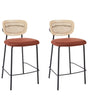 Set of 2 Bar Chairs Orange Polyester Upholstery Natural Rattan Viennese Braid Backrest Black Metal Legs Armless Stools Beliani
