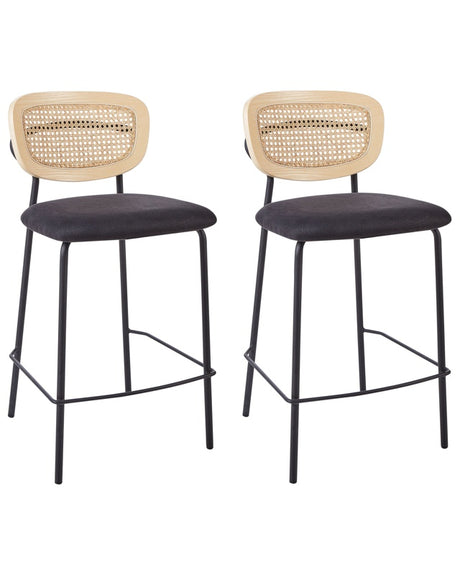 Set of 2 Bar Chairs Black Polyester Upholstery Natural Rattan Viennese Braid Backrest Black Metal Legs Armless Stools Beliani