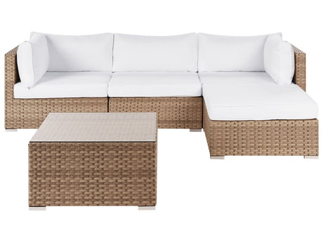 Left Hand 2 Piece Garden Sofa Set Natural with White Cushions 4 Seater Corner Coffee Table Beliani