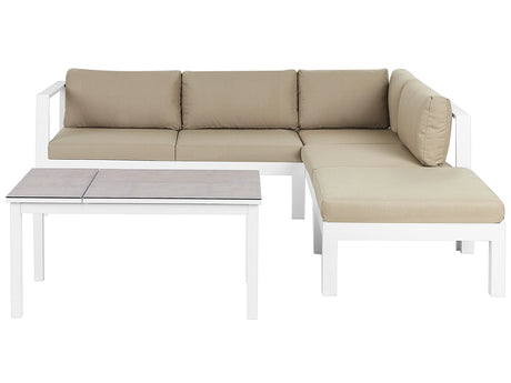 5 Seater Garden Sofa Set White Metal Frame Sand Beige Cushions Glass Top Table Modern Scandinavian Outdoor Conversation Set Beliani