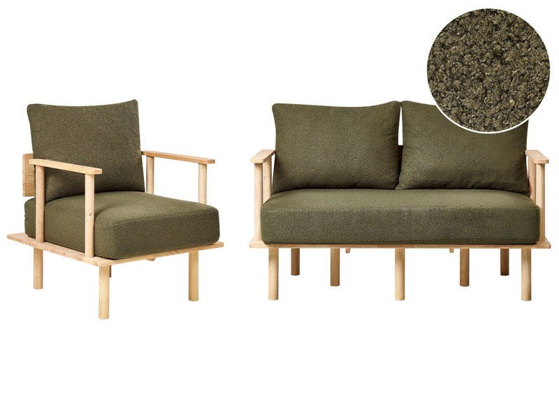 Living Room Set Dark Green Fabric Boucle Wooden Legs Frame 2 Seater Sofa Couch Armchair Settee Living Room Beliani