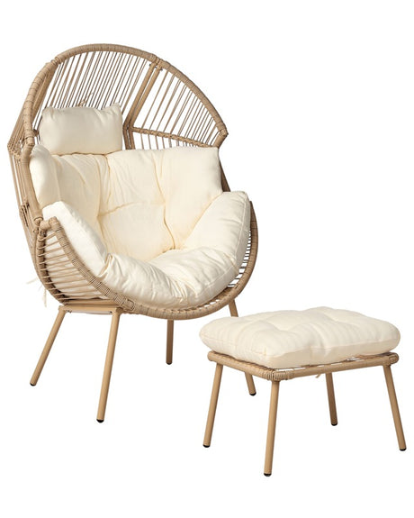 Garden Armchair Natural PE Rattan with Footrest Cotton Seat Back Cushions White Indoor Outdoor Beliani