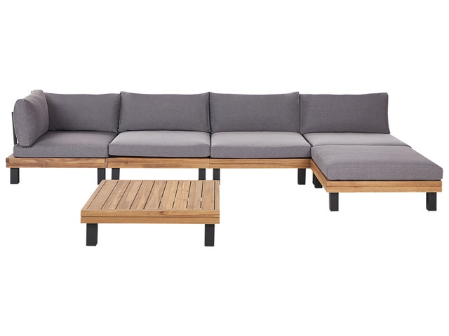 Garden Modular Corner Sofa Set Grey Polyester Cushions Certified Acacia Wood Frame with Coffee Table Beliani