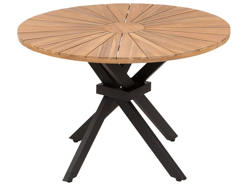 Garden Dining Table Light Wood Acacia Round Top 110 cm Slatted Design Indoor Outdoor Beliani