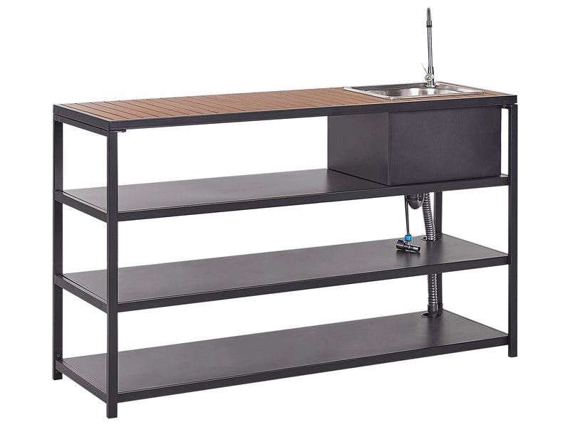 Outdoor Kitchen Island with Sink Black Steel Light Wood Top 159 x 50 x 91 cm Single Lever Spout 3 Shelves Unit with Top Garden Kitchen Dining Beliani