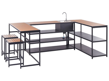 6 Piece Outdoor Kitchen Set Black Steel Polywood Tops 2 Seater Bar Table with Stools and Cabinet Sink Single Lever Outdoor Kitchen Cooking Station Beliani