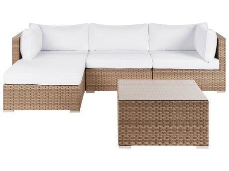 Right Hand 2 Piece Garden Sofa Set Natural with White Cushions 4 Seater Corner Coffee Table Beliani