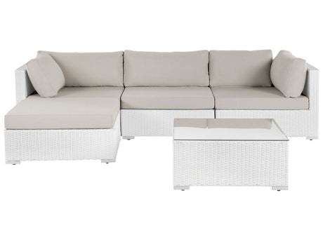 Right Hand 2 Piece Garden Sofa Set White w/ Beige Cushions 5 Seater Corner Coffee Table Beliani