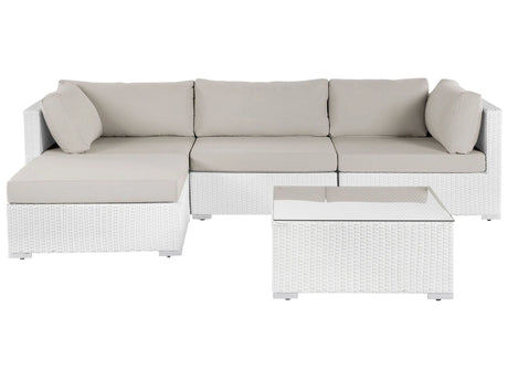 Right Hand 2 Piece Garden Sofa Set White w/ Beige Cushions 5 Seater Corner Coffee Table Beliani