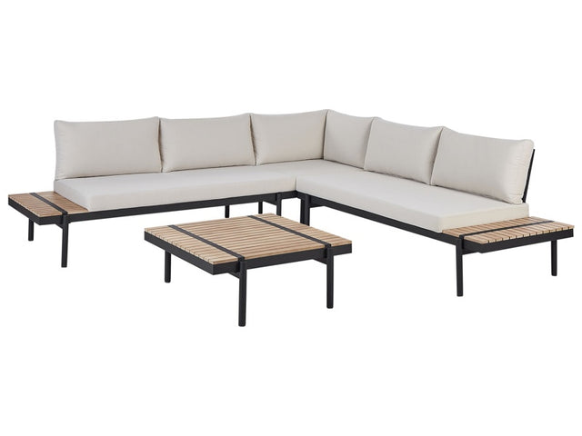 Corner Sofa Garden Set Off-White Eucalyptus Wood 5 Seater with Coffee Table Beliani