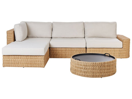 Corner Sofa Garden Set Beige Cushions PE Rattan Wicker 4 Seater with Coffee Table Tray Top Reversible Beliani