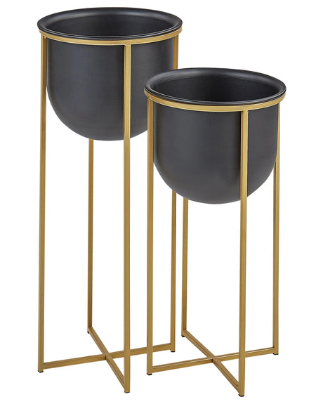 Set of 2 Plant Stands Black Iron 56 / 46 cm Indoor Metal Flower Pot Modern Industrial Standing Planter Beliani