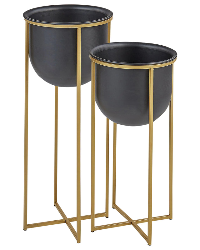 Set of 2 Plant Stands Black Iron 56 / 46 cm Indoor Metal Flower Pot Modern Industrial Standing Planter Beliani