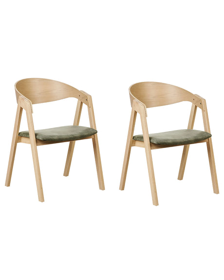 Set of 2 Dining Chairs Light Wood and Green Plywood Polyester Velvet Fabric Rubberwood Legs Retro Traditional Style Beliani